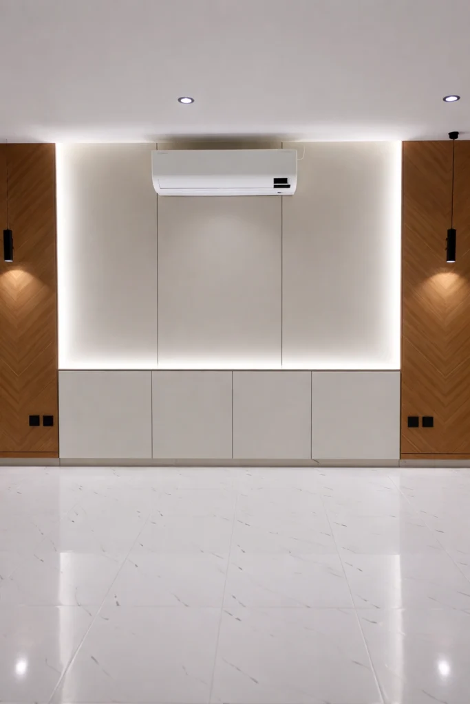 ديكور حائط مودرن بتصميم خشب مع ألواح فوم وإضاءة LED مخفية وتكييف سبليت، تنفيذ أعمال ديكور داخلية