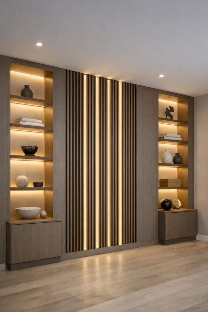 ديكور جداري من الشيبورد بتصميم شرائح عمودية مع إضاءة LED مخفية ورفوف عرض جانبية مدمجة