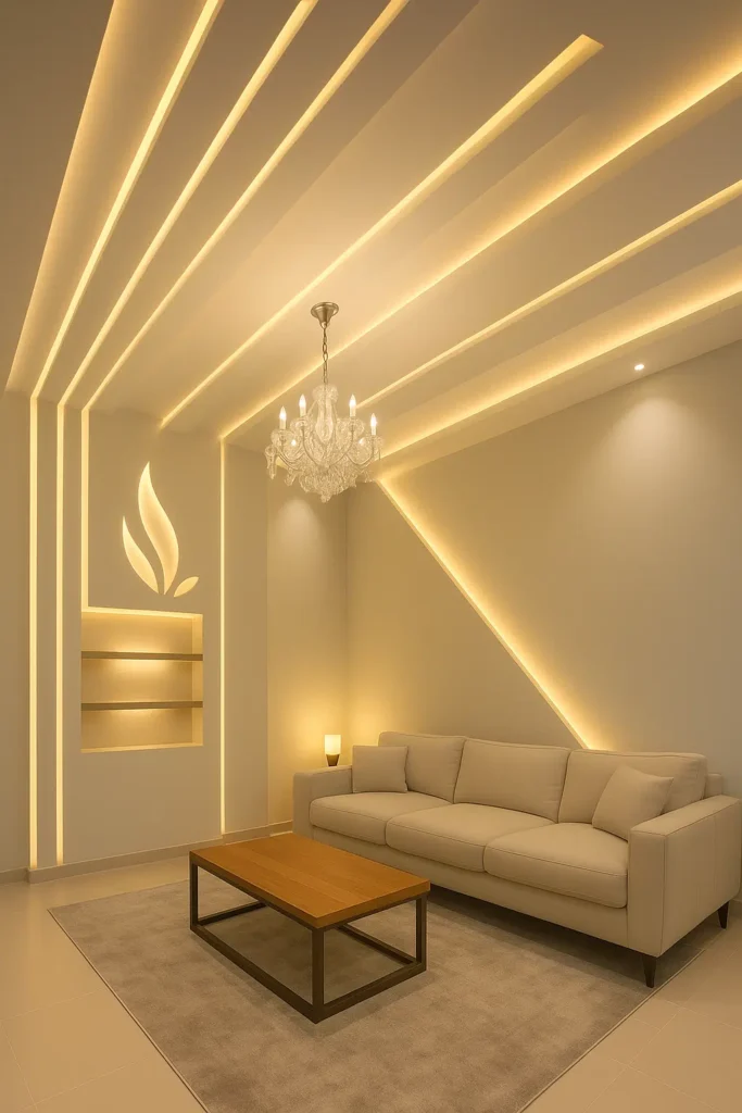 جبس بورد مودرن بإضاءة مخفية وخطوط هندسية مع ثريا كريستال من تنفيذ معلم جبس بورد الدمام