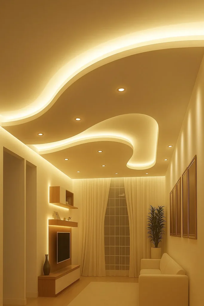سقف جبس بورد انسيابي متموج على شكل طبقات بإضاءة مخفية وسبوت لايت تنفيذ معلم جبس بورد الدمام