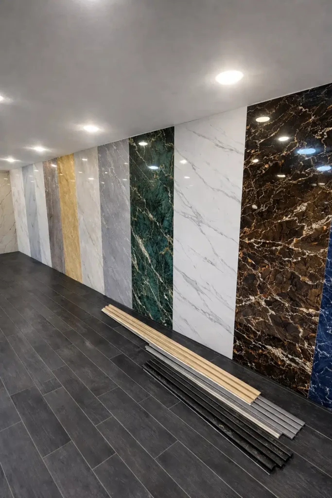 معرض بديل الرخام يعرض ألواح متعددة الألوان والتصاميم المثبتة على الجدار مع أرضية داكنة وإضاءة سقفية داخلية