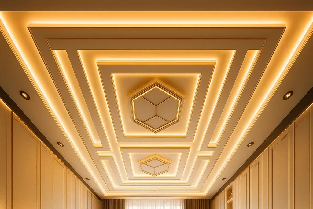 سقف جبس بورد مستطيل بأشكال هندسية وإضاءة مخفية بيضاء من تنفيذ معلم جبس بورد الدمام للمجالس والممرات