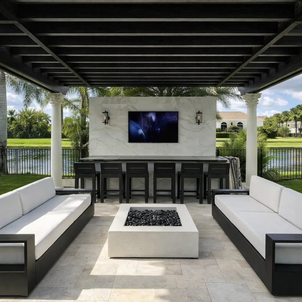 جلسة خارجية بظلال معدنية سوداء وأعمدة بيضاء، تضم كنبات مستقيمة باللونين الأسود والأبيض مع شاشة مثبتة على جدار رخامي