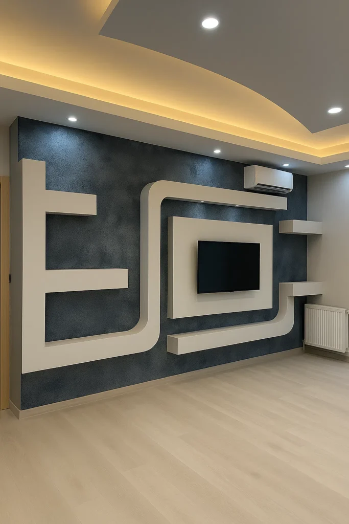 ديكور جبس بورد مودرن للتلفزيون من تنفيذ معلم جبس بورد الدمام مع إضاءة مخفية وسقف جبس متعدد الطبقات
