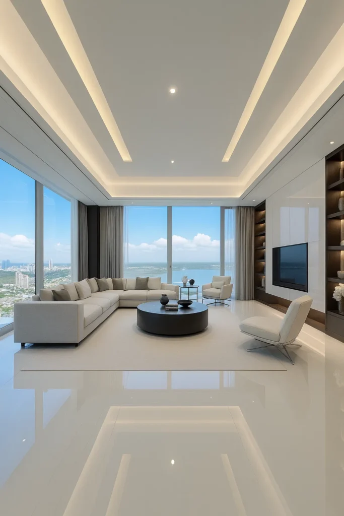 غرفة حديثة بسقف جبس بورد وإضاءة مخفية هادئة مع جلسة مطلة على المدينة والبحر