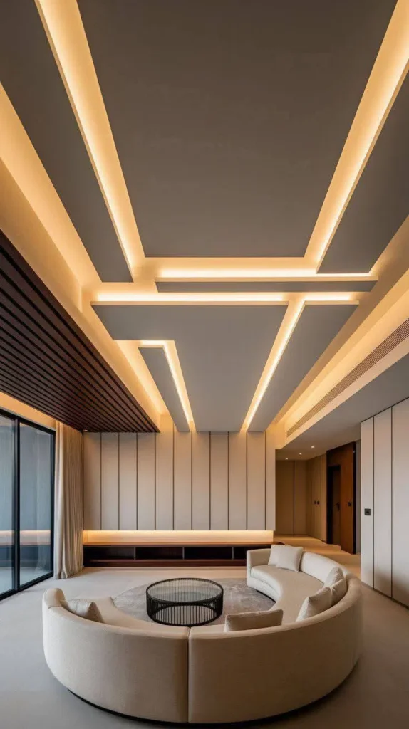 جبس بورد بخطوط هندسية بإضاءة مخفية في سقف غرفة تتماشى مع الأريكة الدائرية والطاولة الوسطية