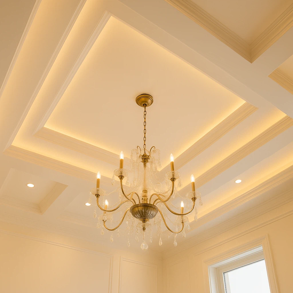 تصميم سقف جبس بورد مودرن بإضاءة مخفية وثريا فاخرة من تنفيذ معلم جبس بورد الدمام