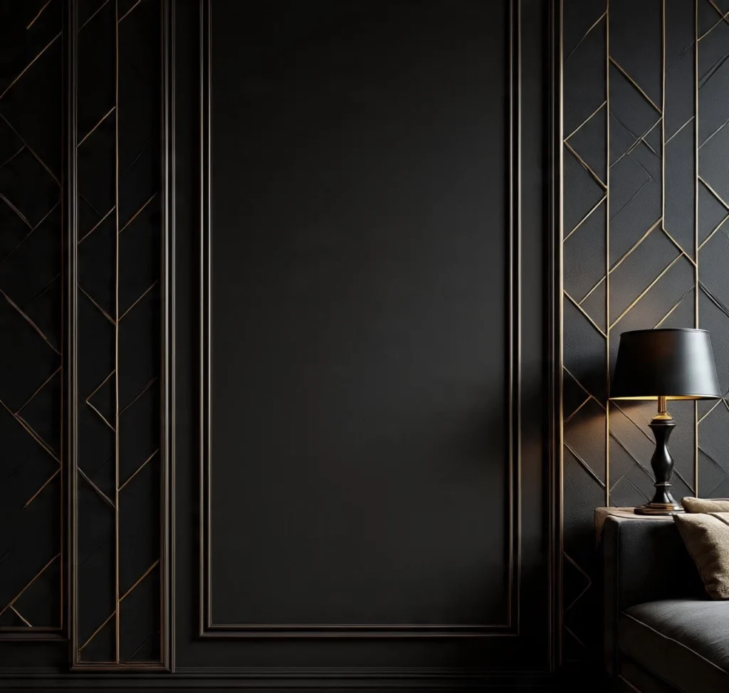 ديكور جدار أسود بتصميم هندسي عصري مع خطوط ذهبية بارزة وإطار كلاسيكي أنيق، بجانبه مصباح طاولة أسود
