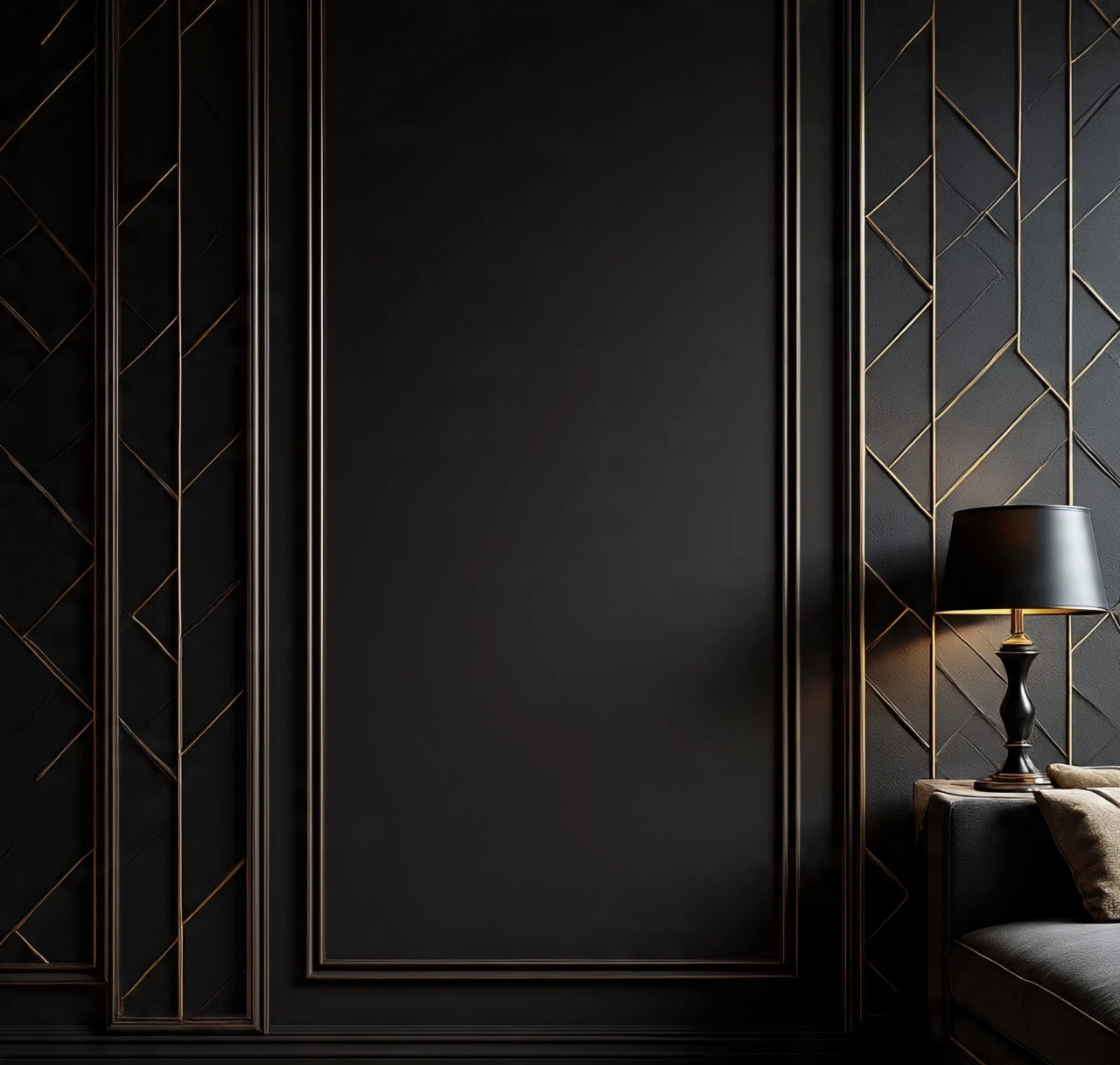 ديكور ورق جدار أسود بتصميم هندسي عصري مع خطوط ذهبية بارزة