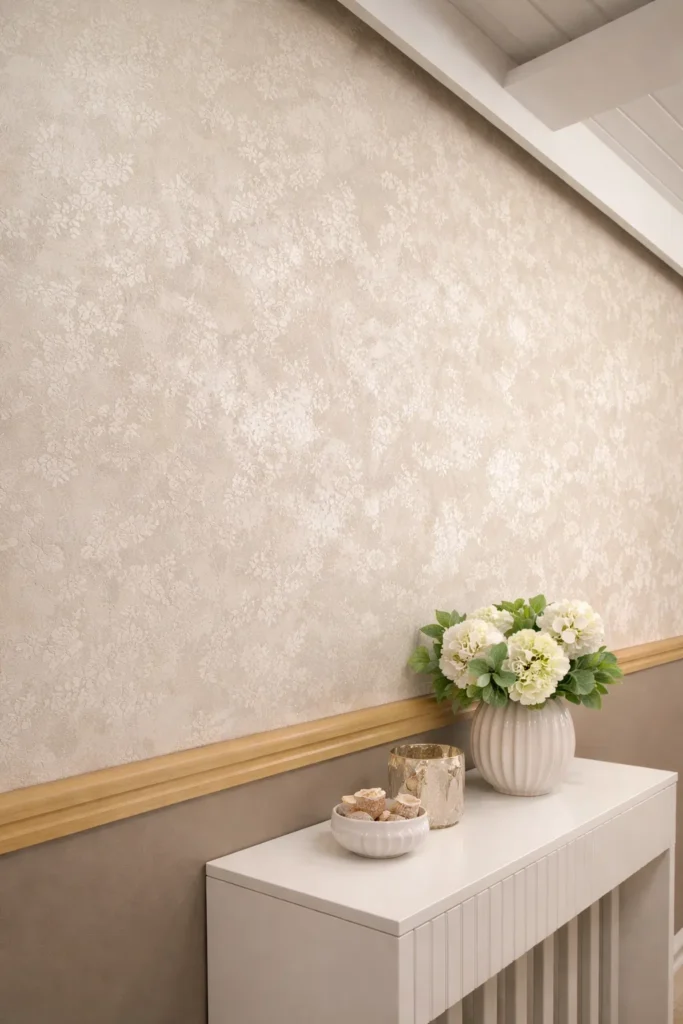 ورق حائط بلون بيج فاتح بنقوش ناعمة، يتوسطه شريط زخرفي بلون خشبي، وأمامه طاولة بيضاء تعلوها مزهرية ورد بيضاء