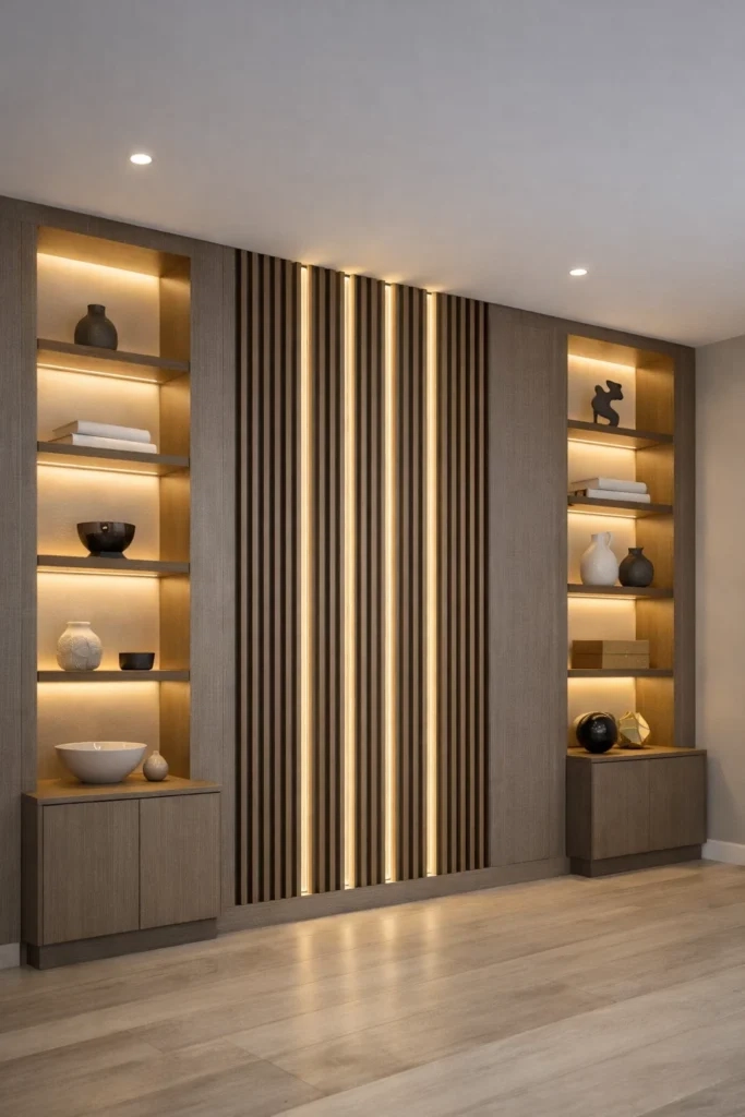 بديل خشب ورفوف ديكور ديكور جداري من الشيبورد بتصميم شرائح عمودية مع إضاءة LED مخفية ورفوف عرض جانبية مدمجة