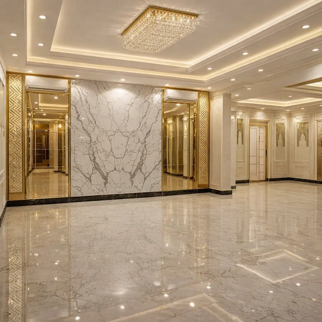 بديل رخام مع مرايا وإضاءة سقفية