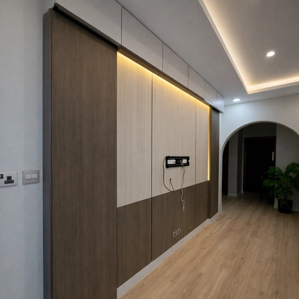 بديل-شيبورد (1) ديكور بديل شيبورد يجمع بين الألواح الداكنة والفاتحة مع إضاءة مخفية علوية، أرضية باركيه وسقف جبس بورد