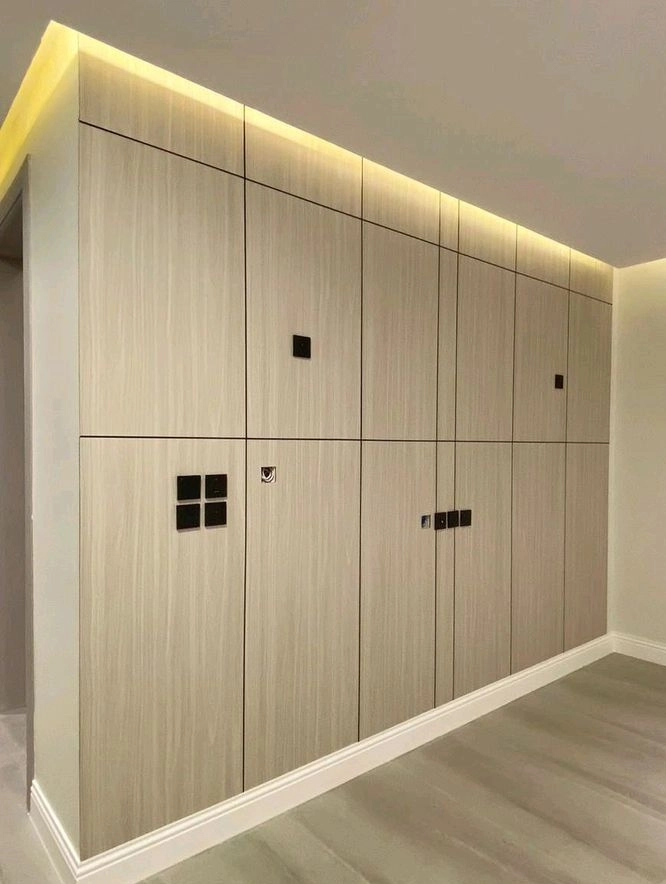 جدار داخلي مغطى بألواح بديل الشيبورد بتصميم عصري بلون فاتح، مع فواصل طولية وإضاءة مخفية