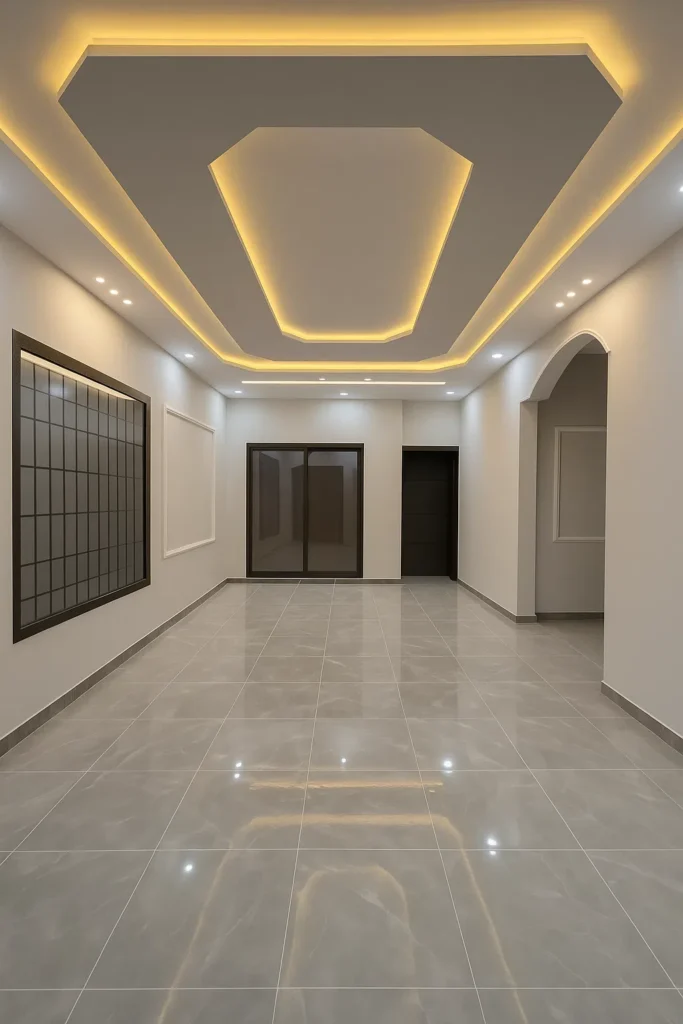 تصميم جبس بورد هندسي وإضاءة مخفية مع أرضية رخامية لامعة