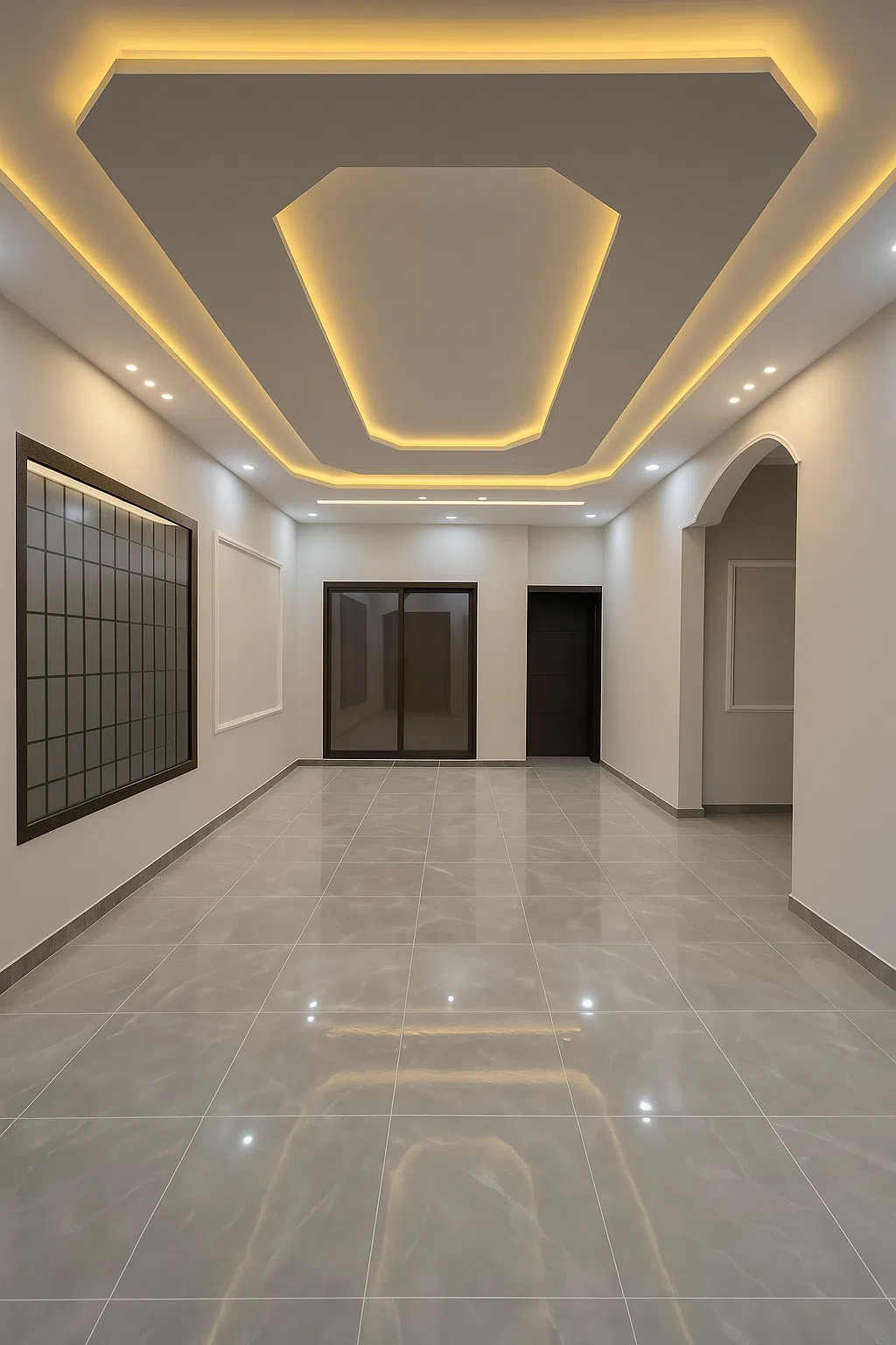 تصميم جبس بورد هندسي وإضاءة مخفية مع أرضية رخامية لامعة