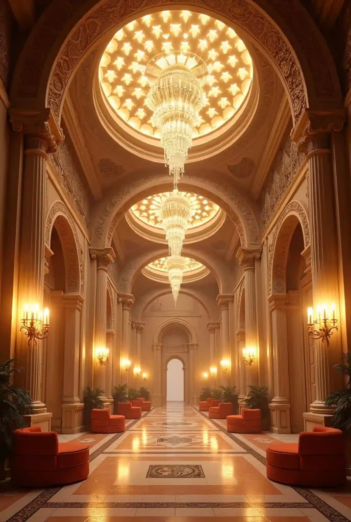 ممر داخلي بنقوش كلاسيكية وثريات كريستال مضاءة بإضاءة ذهبية