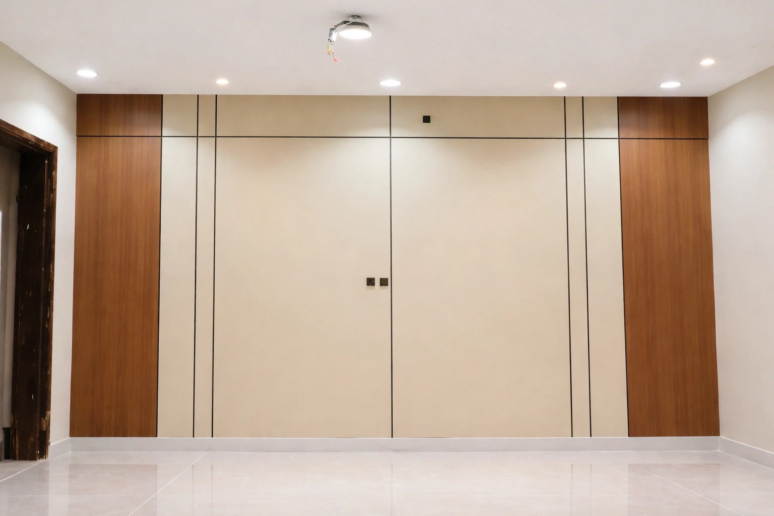 جدار شيبورد مودرن ديكور جدار بديل شيبورد مودرن بلون بيج مع فواصل هندسية وإطارات جانبية وإضاءة سبوت سقفية