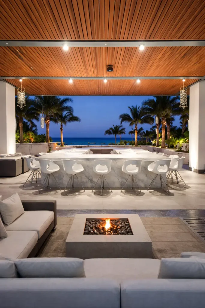 جلسة خارجية تطل على البحر، تضم سقف خشبي بإضاءة مدمجة، طاولة رخامية دائرية مع كراسي بيضاء، موقد نار أرضي في المنتصف