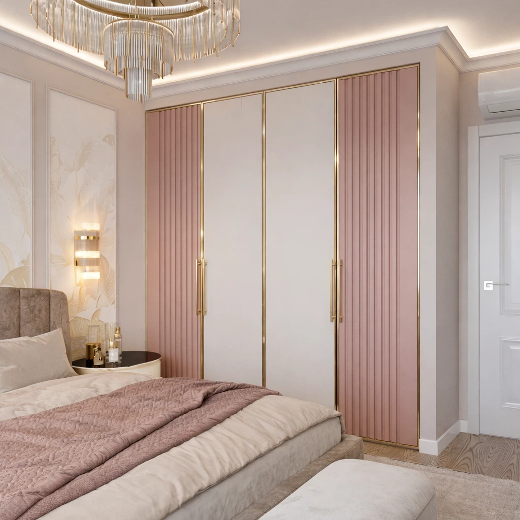 خزانة جدارية بتصميم أنيق بألوان هادئة وفواصل ذهبية بديل الشيبورد يمنحها مظهراً عصرياً مع خطوط عمودية متناسقة