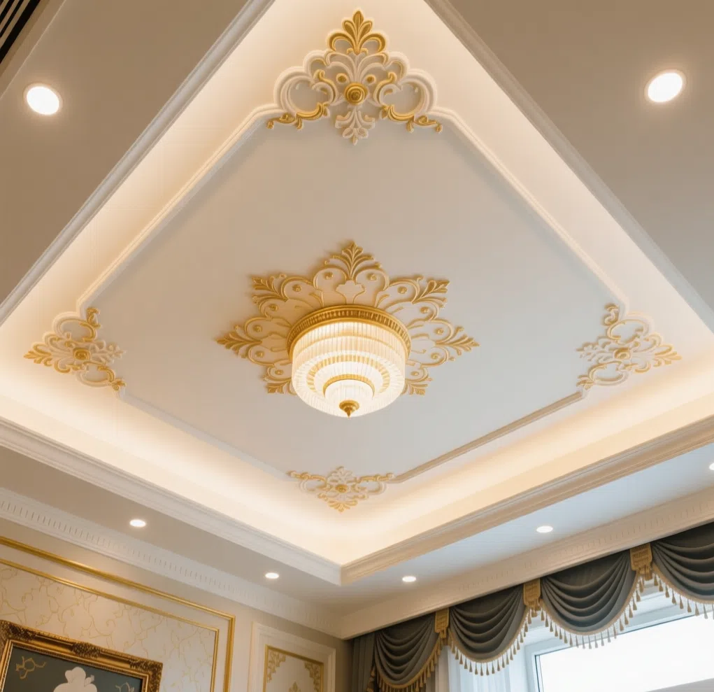 سقف جبس بورد كلاسيكي باللونين الأبيض والذهبي مع إضاءة مخفية