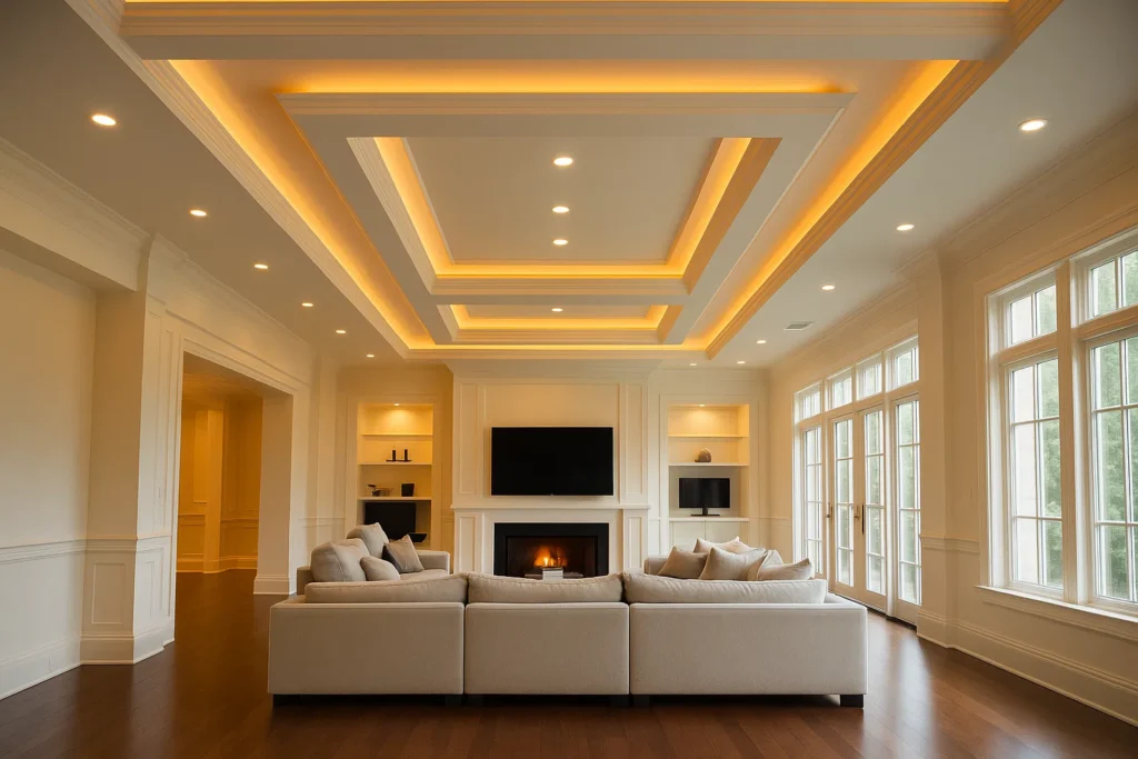 سقف جبس بورد متعدد المستويات مع إضاءة مخفية صفراء، من تنفيذ معلم جبس بورد الدمام