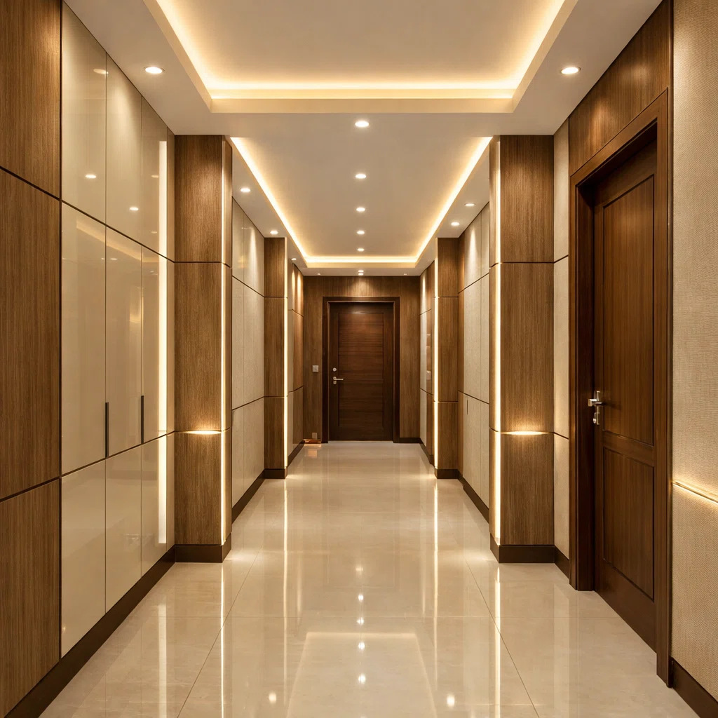 ممر داخلي فاخر بتصميم بديل شيبورد جداري بألوان بيج مع إضاءة مخفية في السقف وأرضية سيراميك لامعة