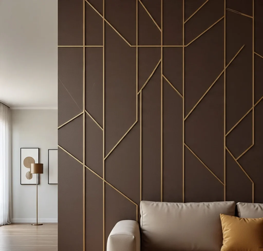 جدار داخلي مكسو بورق جدران بني بتصميم هندسي حديث مع خطوط ذهبية بارزة