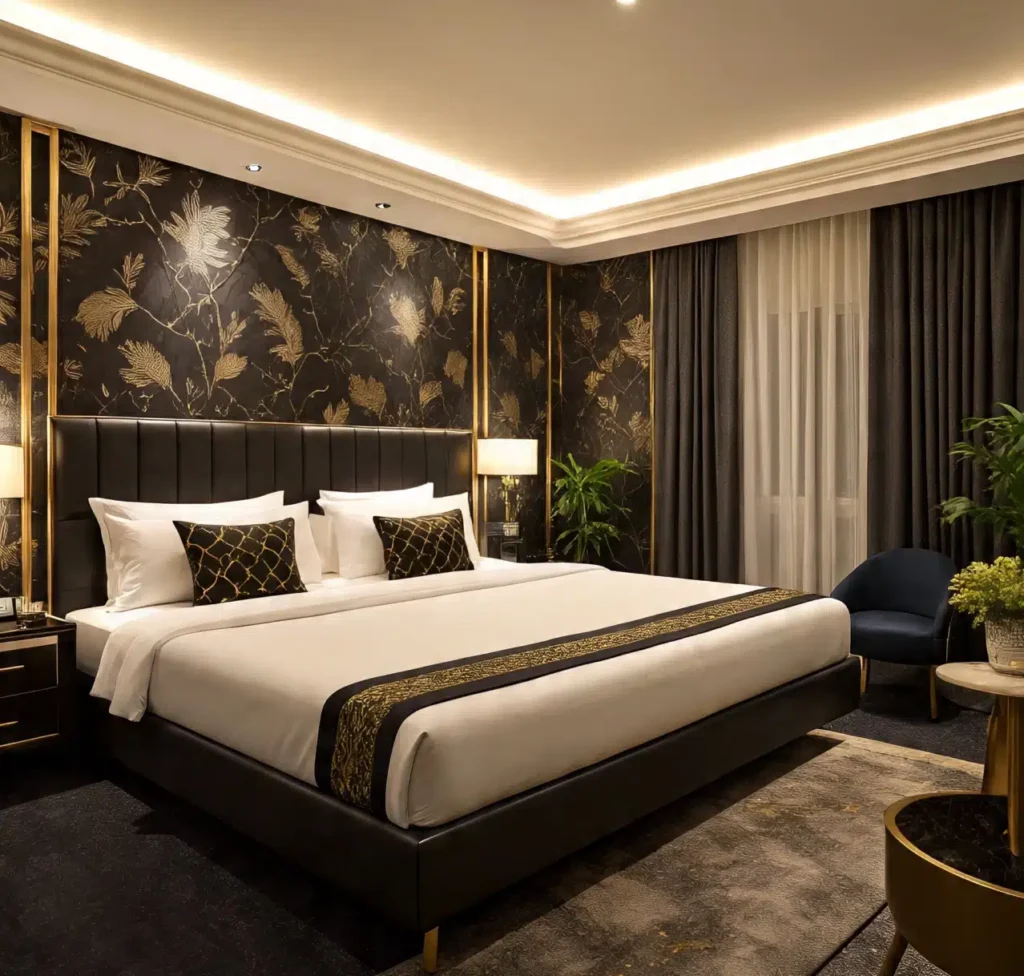 غرفة نوم مزينة بورق جدران أسود بنقوش ذهبية خلف سرير كبير بإطار داكن، إضاءة مخفية في السقف، وستائر أنيقة