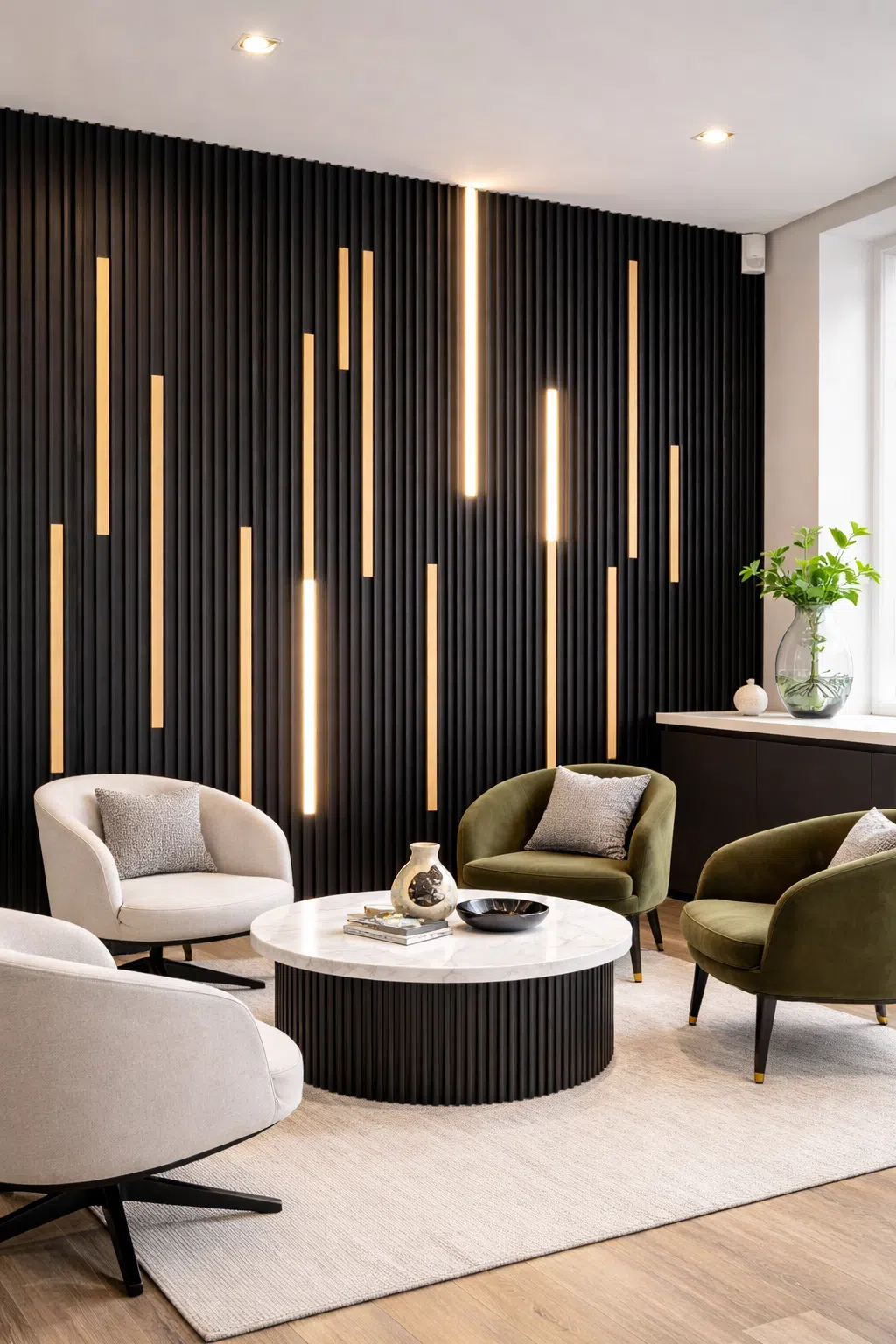 ديكور بديل الخشب الأسود مع شرائح إنارة طولية ومنطقة جلوس تضم كراسي وطاولة داخل استراحة