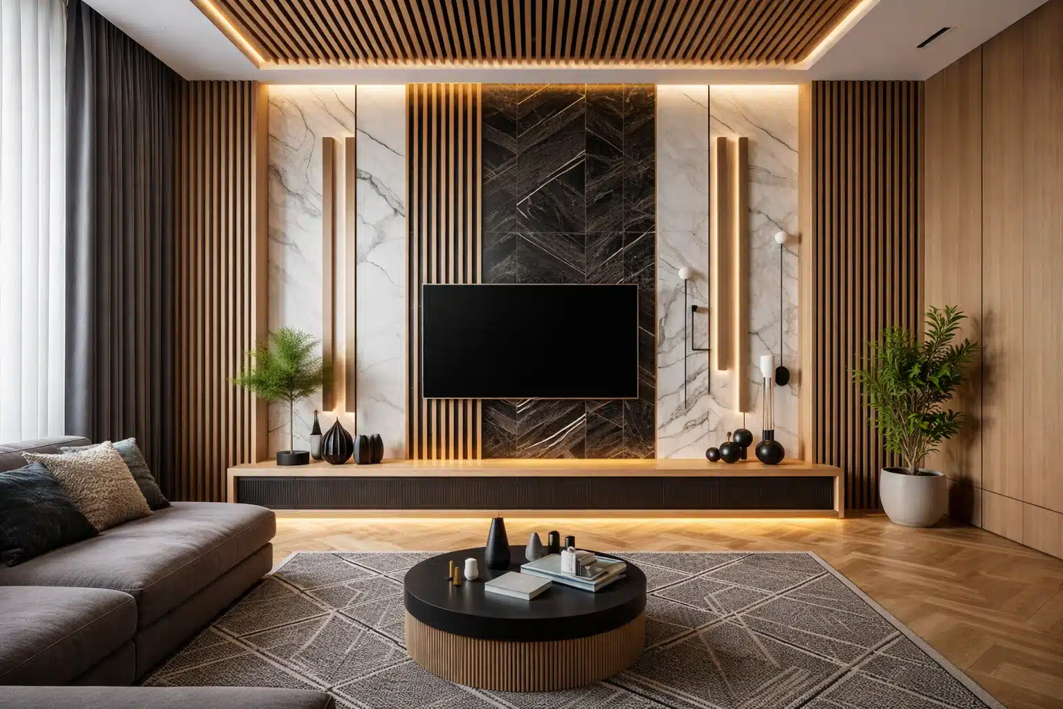 ديكور جدار تلفزيون بديل الخشب مع إضاءة مخفية دافئة وخطوط طولية وسقف شرائح خشبية