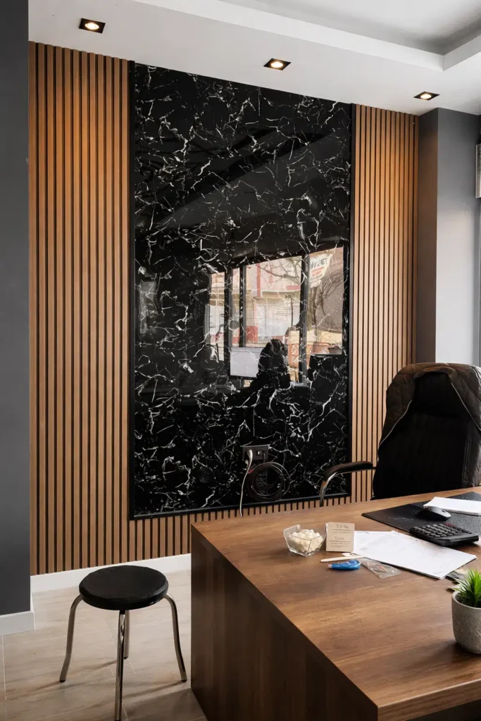 جدار ديكور أسود لامع بنقوش بيضاء مع شرائح بديل خشب عمودية وإضاءة سبوت في مكتب عصري