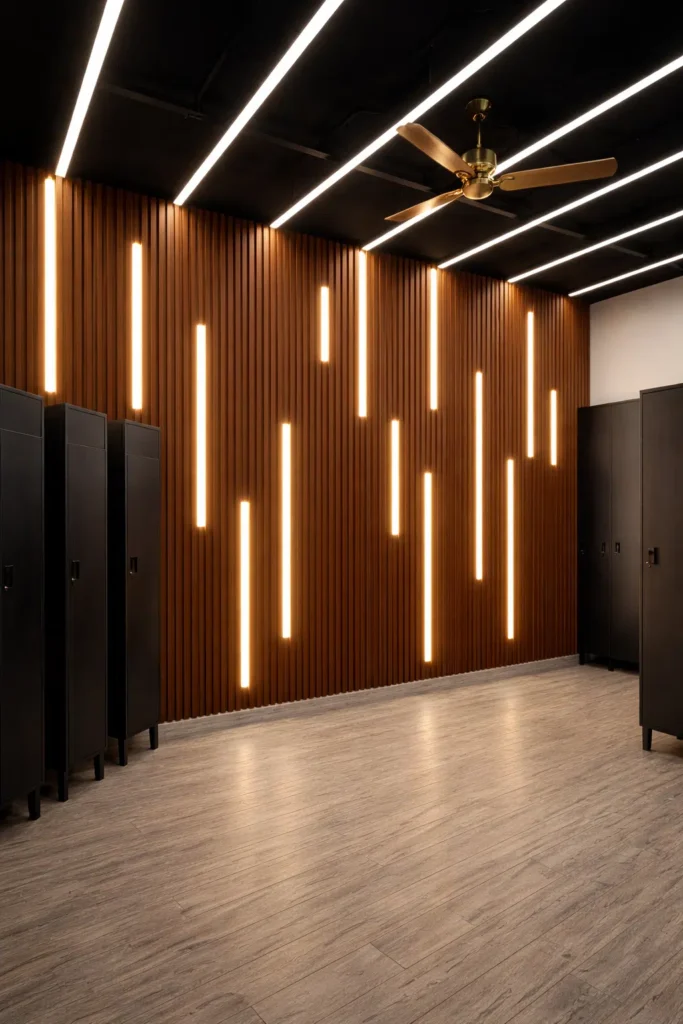 جدار ديكور بديل خشب مضلع باللون البني مع إضاءة خطية عصرية وسقف أسود مودرن