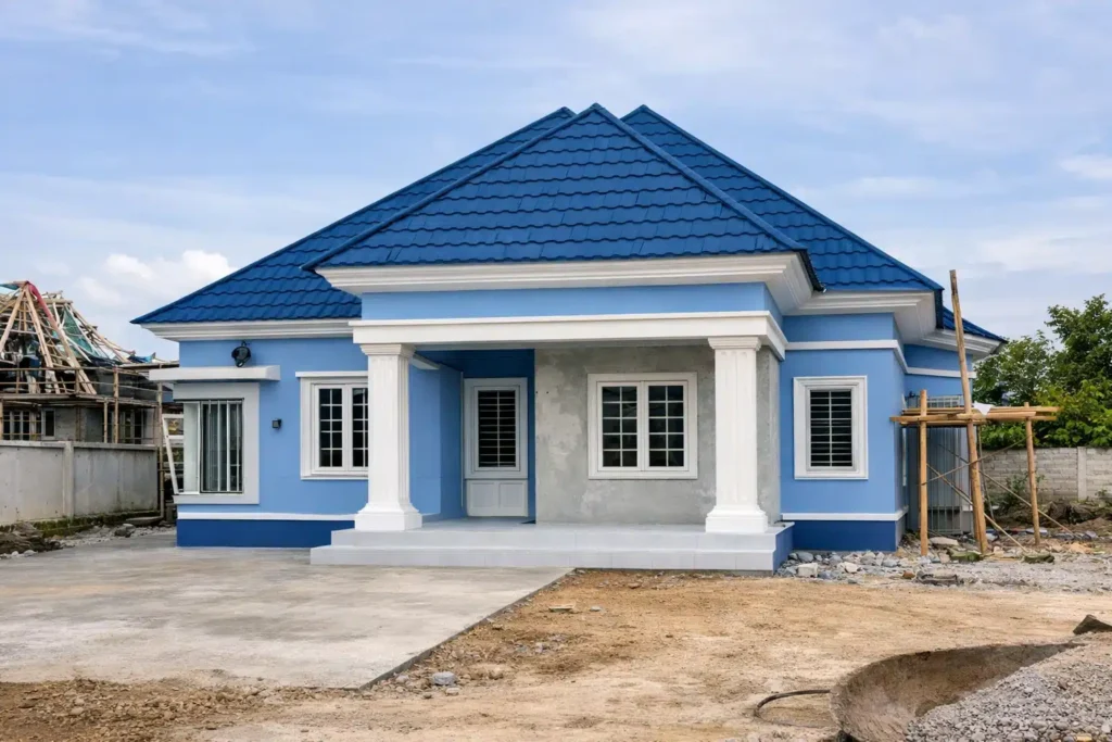 ملحق سكني بتصميم كلاسيكي بواجهة زرقاء وسقف قرميد أزرق مع أعمدة بيضاء في المدخل ونوافذ بإطارات بيضاء