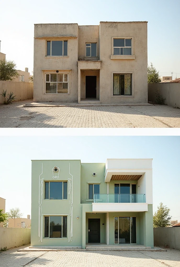 مشروع ترميم واجهة منزل قبل وبعد: تحول من النمط التقليدي القديم إلى نمط عصري مع ألوان هادئة