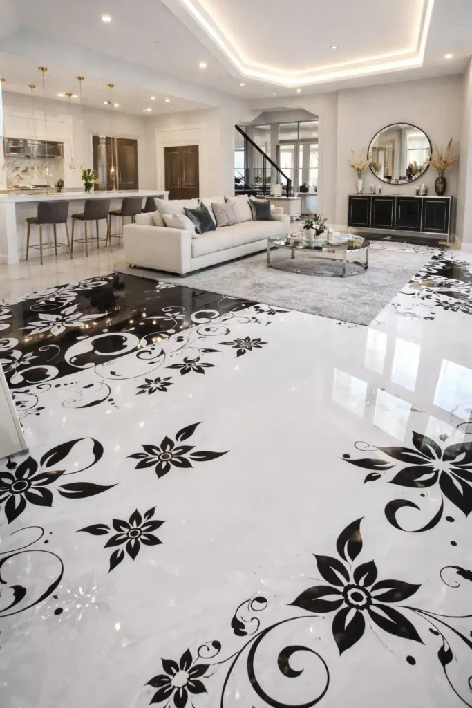 أرضية إيبوكسي لامعة باللون الأبيض مع زخارف نباتية سوداء أنيقة بتصميم ديكوري فاخر تعكس الإضاءة