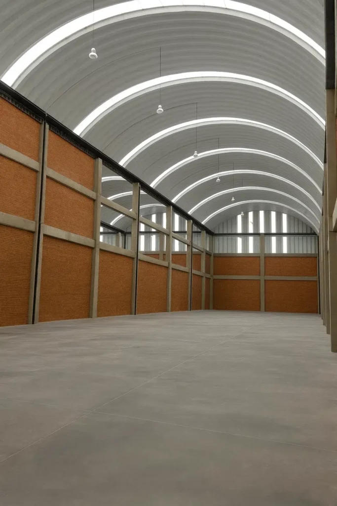 هنجر صناعي واسع بسقف مقوّس مزوّد بإضاءة علوية حديثة وجدران داخلية متينة