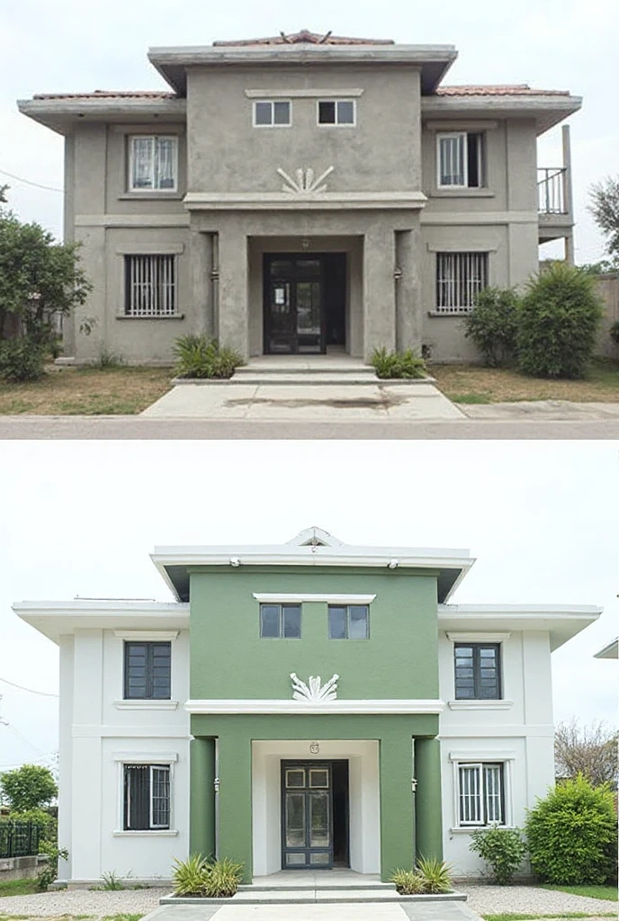 ترميم واجهة منزل؛ تحويل مبنى قديم إلى تصميم مودرن بألوان هادئة وشرفة زجاجية