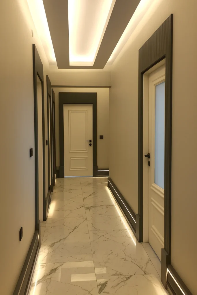 ممر داخلي بأرضية رخامية بيضاء مزخرفة، وإضاءة مخفية مع أبواب بيضاء بإطارات داكنة وسقف مضاء بخطوط LED تصميمية