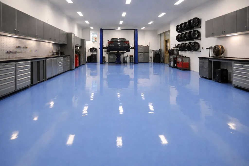 أرضية إيبوكسي زرقاء لامعة داخل مساحة صناعية واسعة تعكس الإضاءة وتتميز بسطح أملس عالي التحمل
