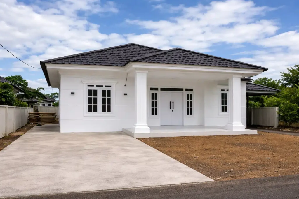 ملحق منزلي حديث بواجهة بيضاء ناعمة وسقف قرميد داكن مع مدخل أمامي بأعمدة كلاسيكية ونوافذ بإطارات بيضاء ضمن فناء خارجي