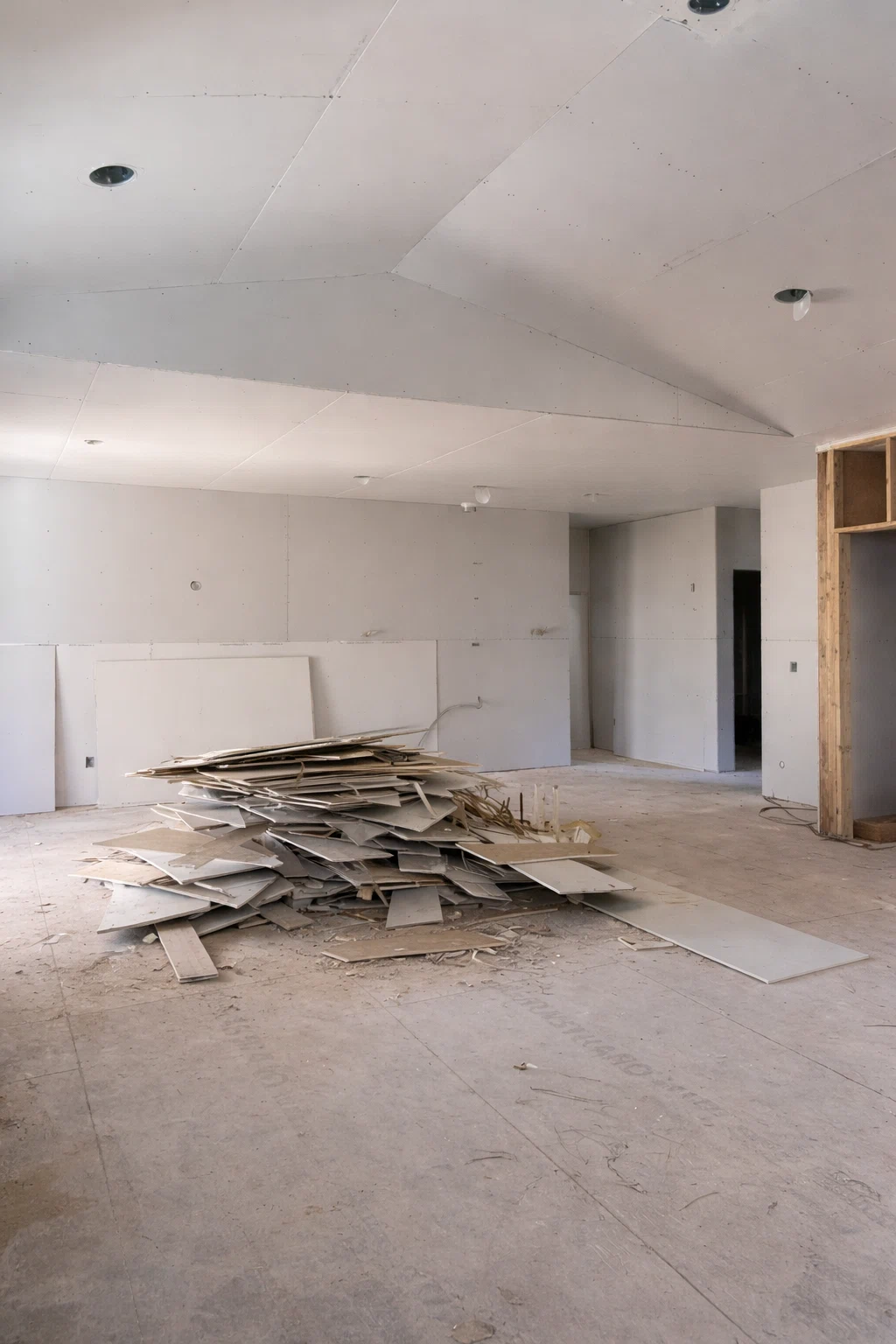 غرفة داخل شقة أثناء أعمال الترميم يظهر فيها تركيب أسقف جبس بورد وألواح تشطيب مكدسة على الأرضية