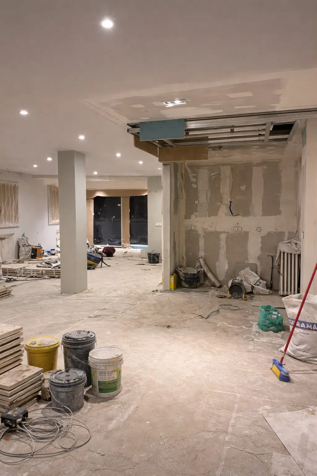 منزل أثناء أعمال الترميم تظهر فيه جدران جبس بورد غير مكتملة مع أدوات البناء ومواد التشطيب على الأرضية