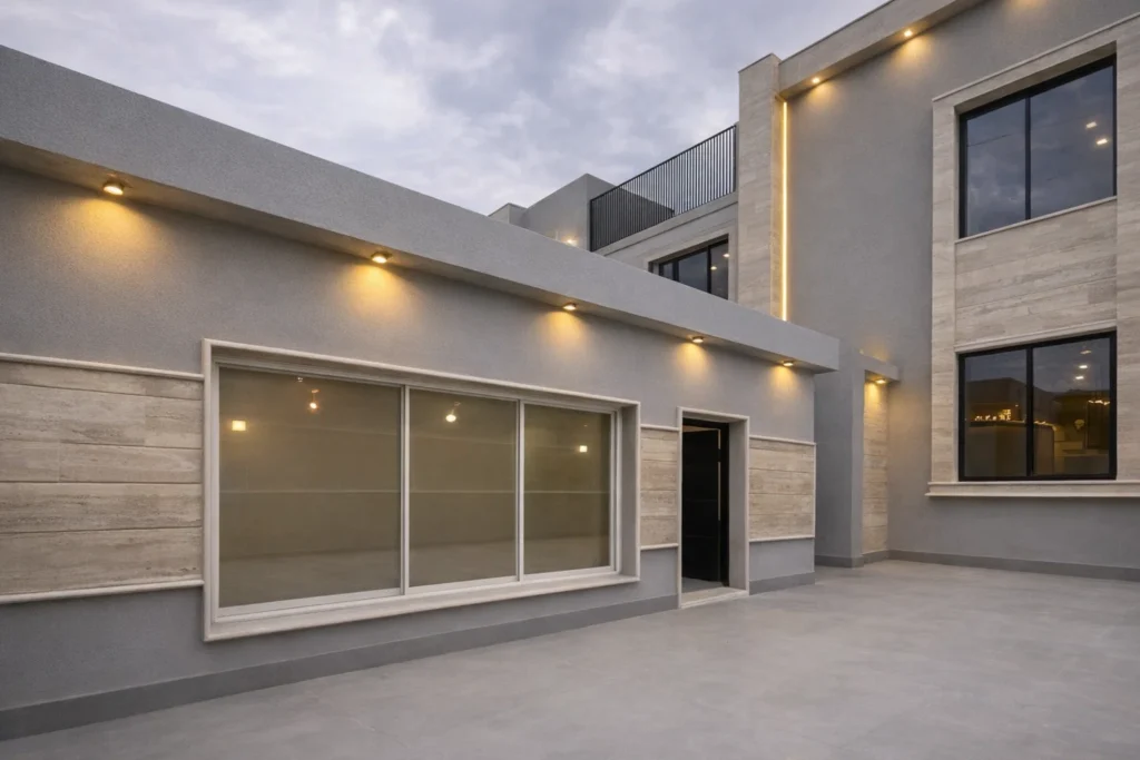 ملحق سكني عصري بلون رمادي فاتح مع نافذة زجاجية واسعة وإضاءة جدارية مخفية وتشطيب خارجي أنيق