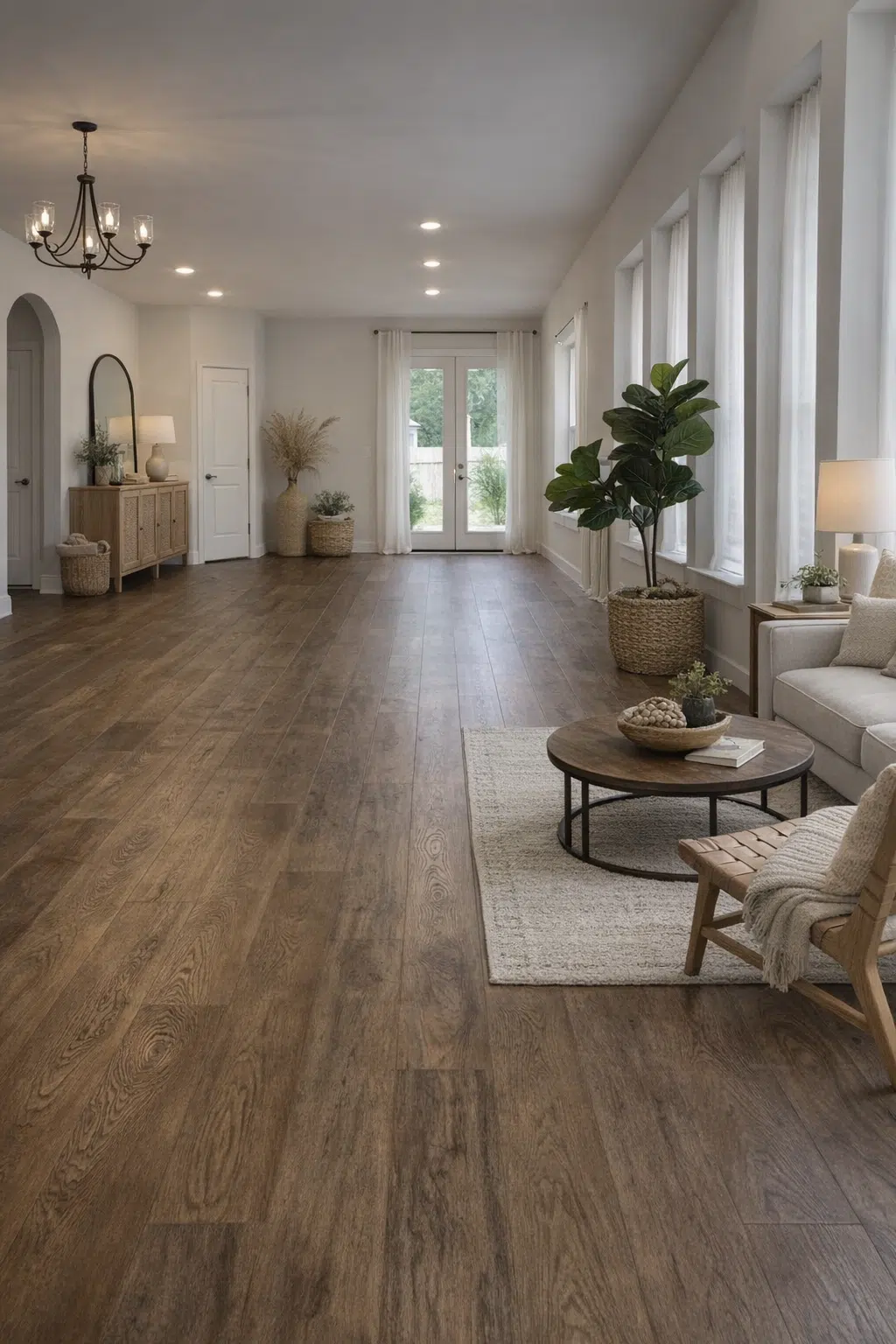 صالة معيشة مودرن بتصميم هادئ ونوافذ طويلة وأثاث عصري مع أرضية باركيه بنية واسعة