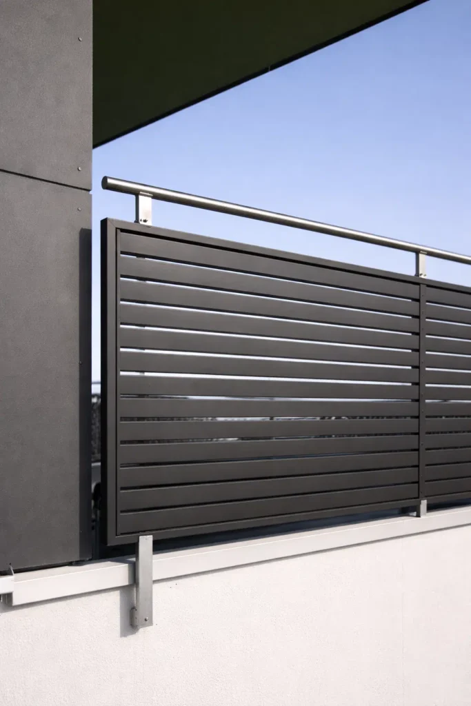 ساتر ألمنيوم شرائح أفقية رمادي فوق سور بلكونة حديثة