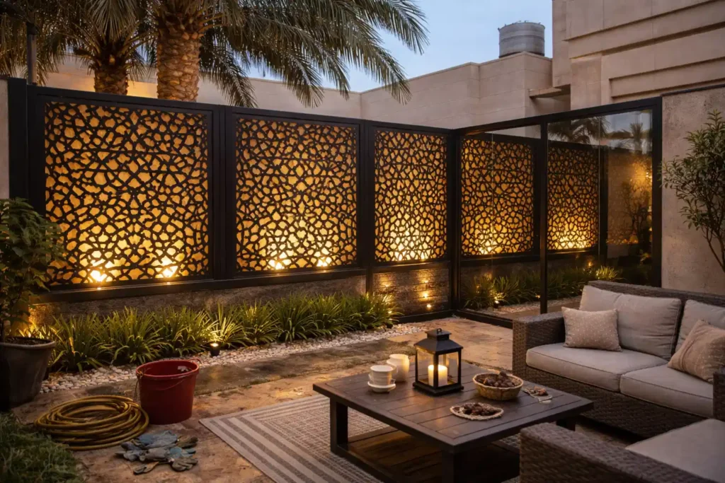 ساتر ليزر حديد مركب بإضاءة خلفية في فناء فيلا حديثة