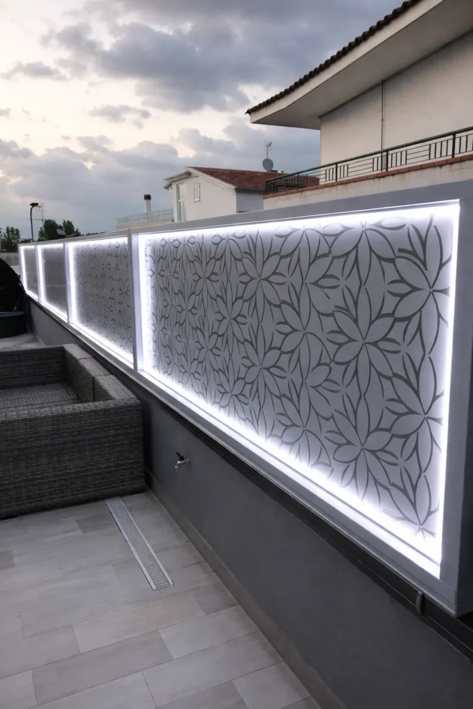 ساتر ليزر معدني ديكوري بإضاءة خلفية بيضاء فوق سور سطح منزل