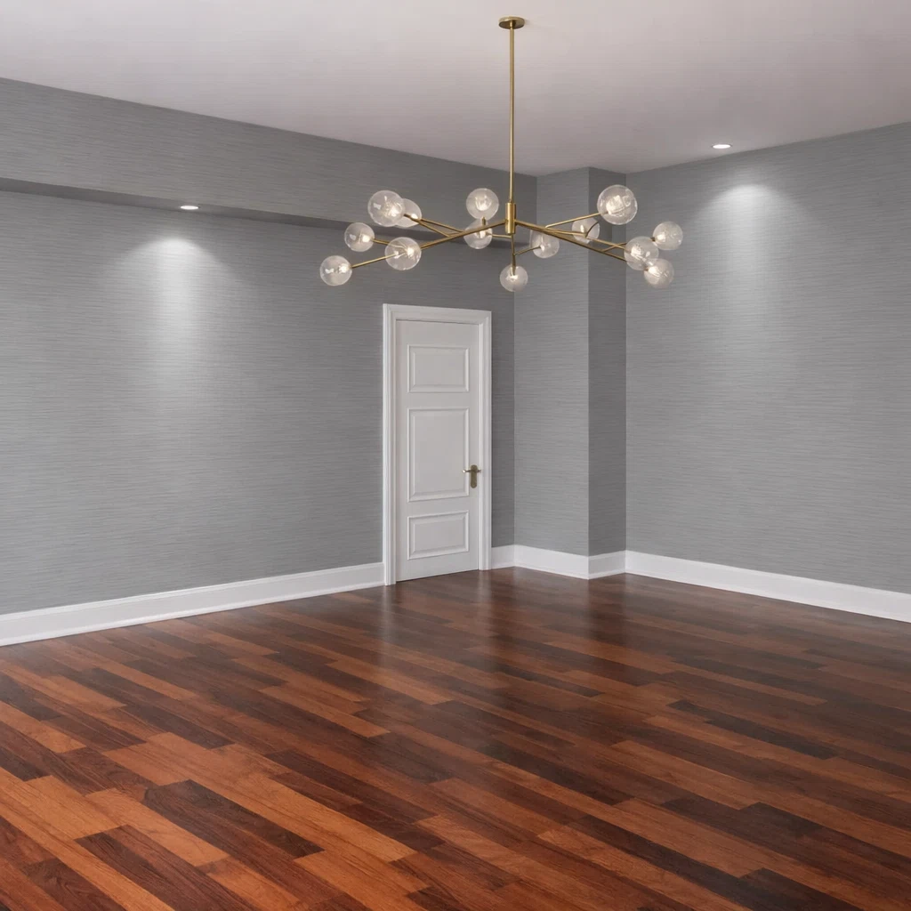 غرفة فارغة تحتوي على أرضية باركيه خشب بني بدرجات متعددة مع جدران رمادية وثريا سقفية