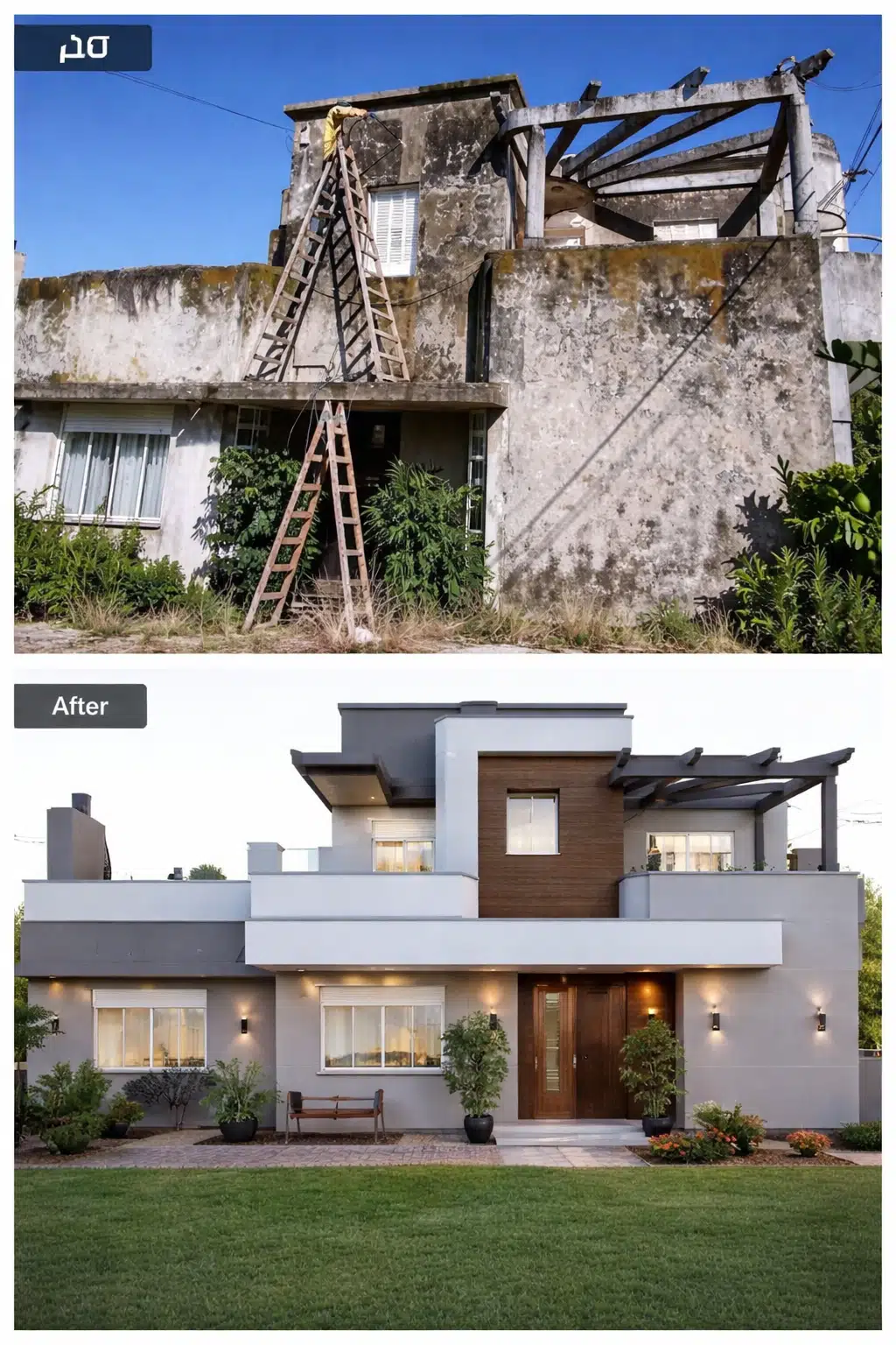 قبل وبعد ترميم واجهة منزل، حيث يظهر المنزل في البداية بحالة قديمة ومتآكلة ثم بعد الترميم بتصميم حديث